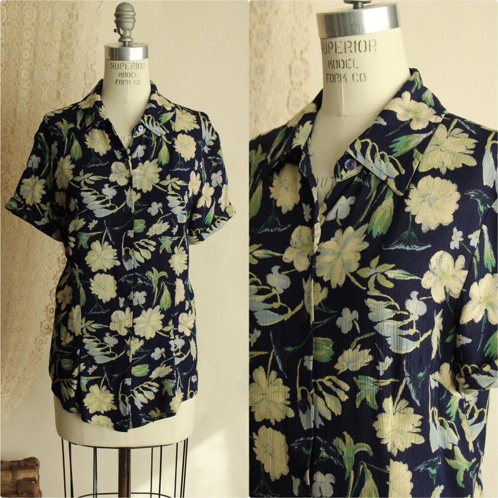 Vintage 1980s 1990s Top, Clio Hawaiian Floral Print Blouse, Size Medium